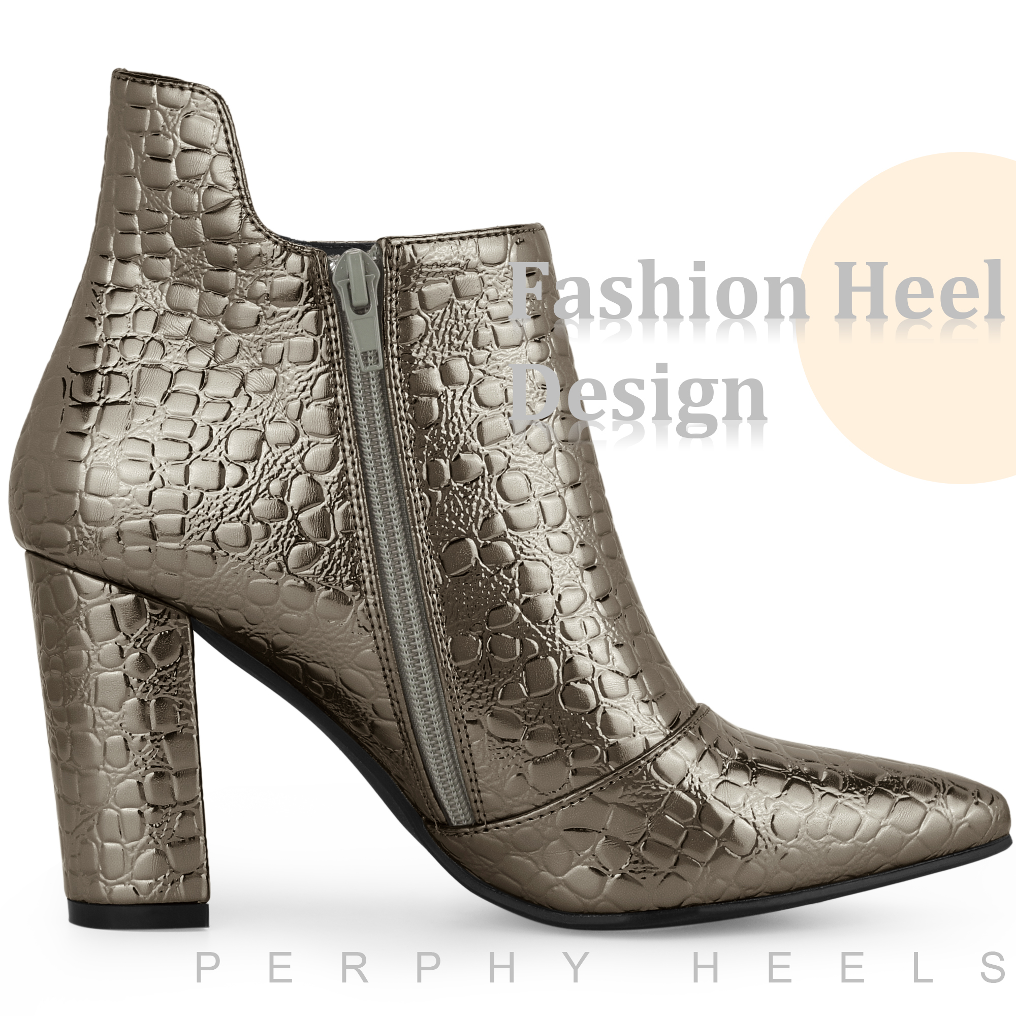 DARING DIVA Pointed Toe Stone Printed Chunky Heels Short Ankle Boot Gunmetal 8