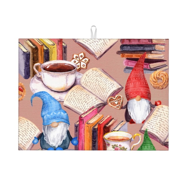 Balery Gnomes Books Tea Cups Alfombrilla de Secado para Cocina, 18x24 Pulgadas, Súper Absorbente para Platos y Encimeras
