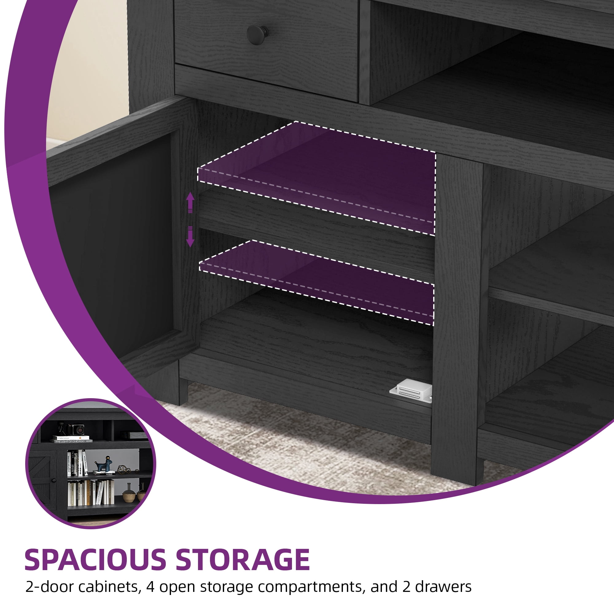 Uforic Built-in Power Socket, TV Cabinet for Screens up to 80'' with 2 Shelves, Black