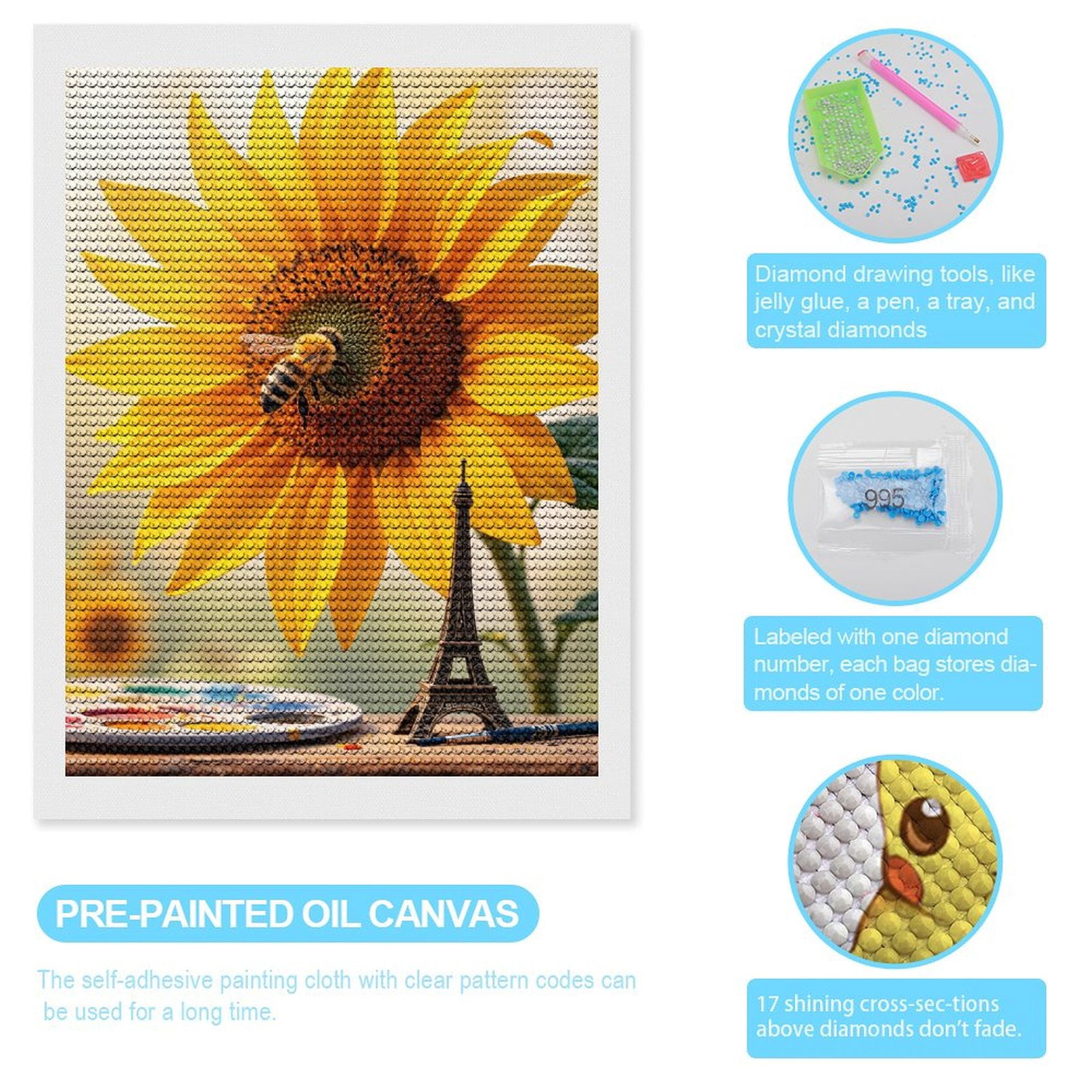 Diamond Art Kits for Adults, Sunflower Bee Eiffel Tower Art 5D Diamond Painting Kits for Adults Beginners, DIY Full Drill Diamond Painting, Gem Art and Crafts 12x16