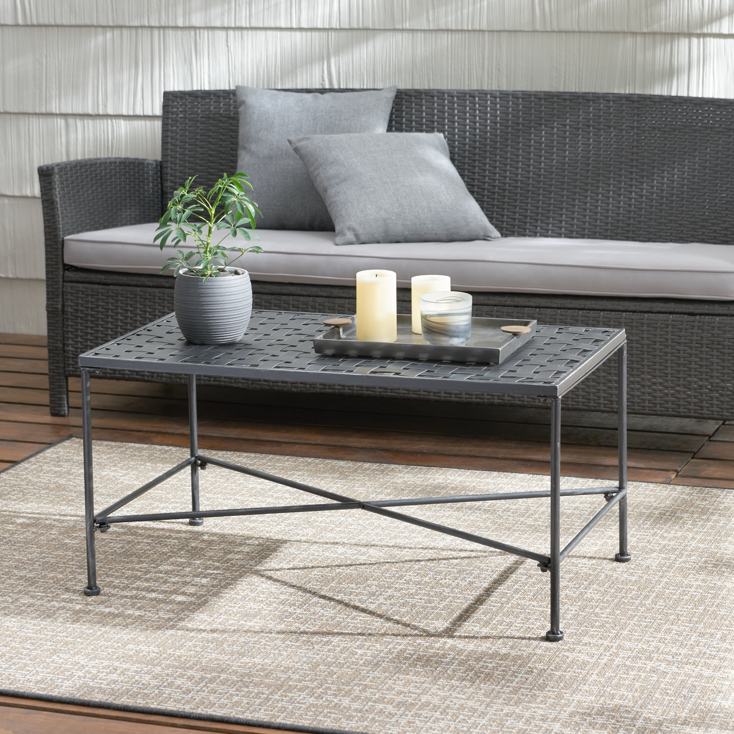 Outdoor Iron Frame Coffee Table, Simple Leisure Center Table for Patio Garden, Black Brush Silver