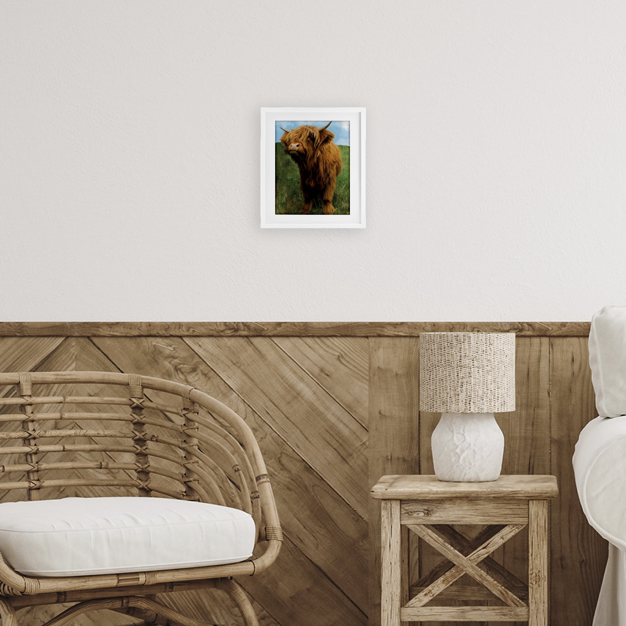 Stupell Industries Mini Highland Cow Calf White Framed Print Under Glass, design by Renel Peters