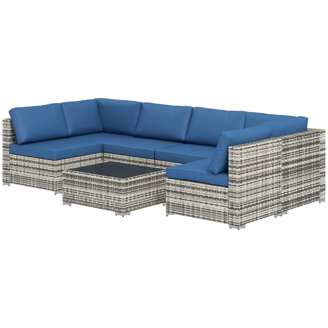 7-Piece Blue & Grey Rattan Sectional Sofa Set – Outdoor Patio Lounge Furniture with Glass Table – Perfect for Decks & Gardens – Durable PE Wicker Design