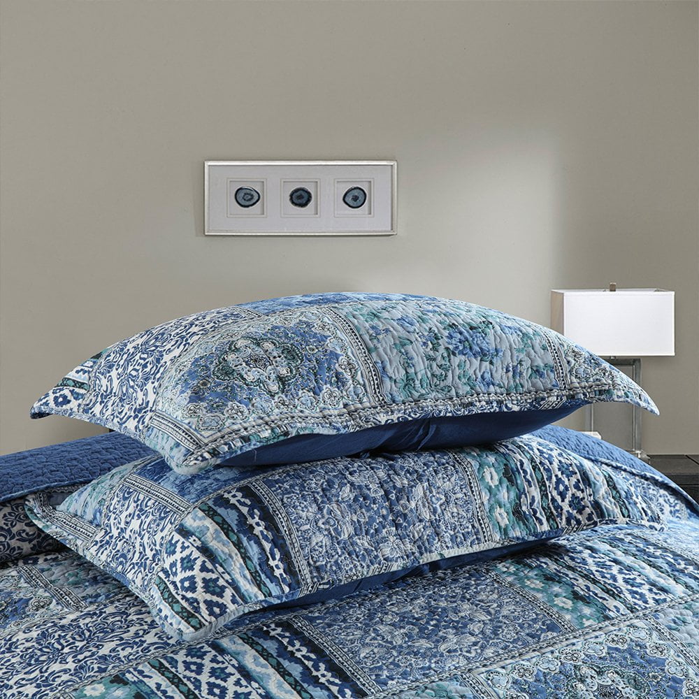 WannaToo Quilt Comforter Cotton Bedding Set With Shams, Vintage Blue, King