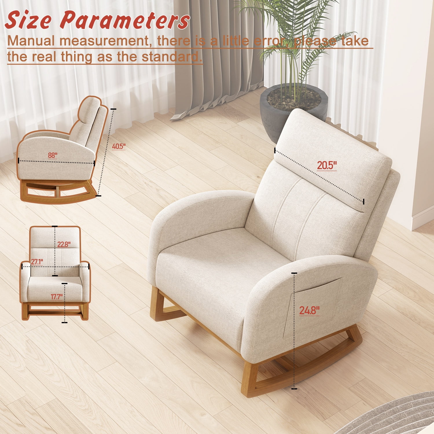 Rocking Chair Nursery Accent Chair for Bedroom Glider Comfy with High Backrest Upholstered Living Room Chair with Side Pocket, Cream