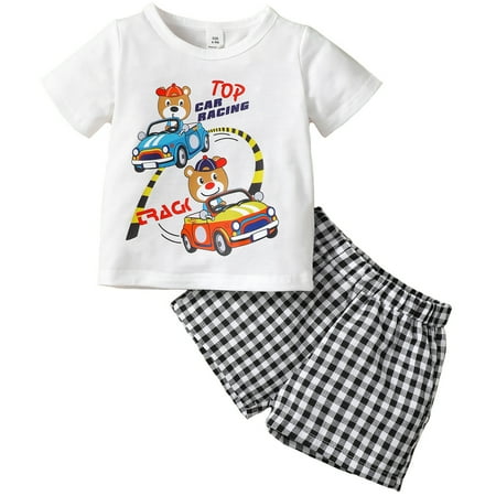 

9 Months Baby Boys Clothes 12 Months Boys 2PCS Summer Outfit Set Car Print Infant Boy Short Sleeve Top Shorts Set White