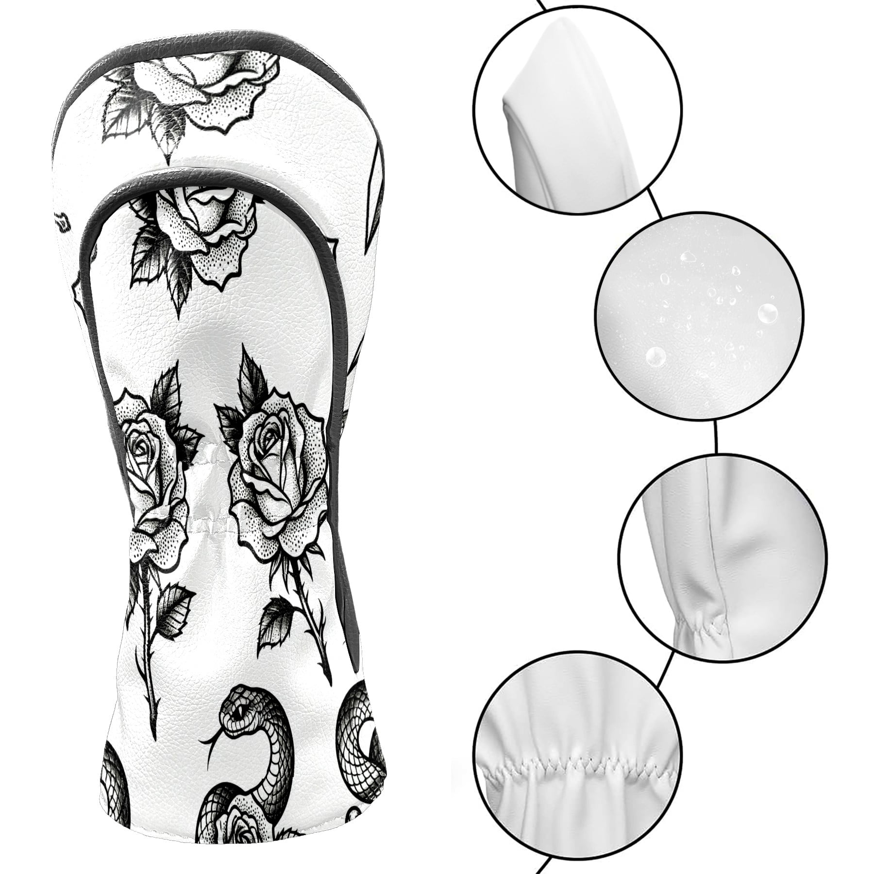 Golf Club Covers, BlackWhite RoseDagger Premium PU Leather Driver Hybrid Putter Head Covers with Velvet Lining, Waterproof Golf Gifts for Men Women