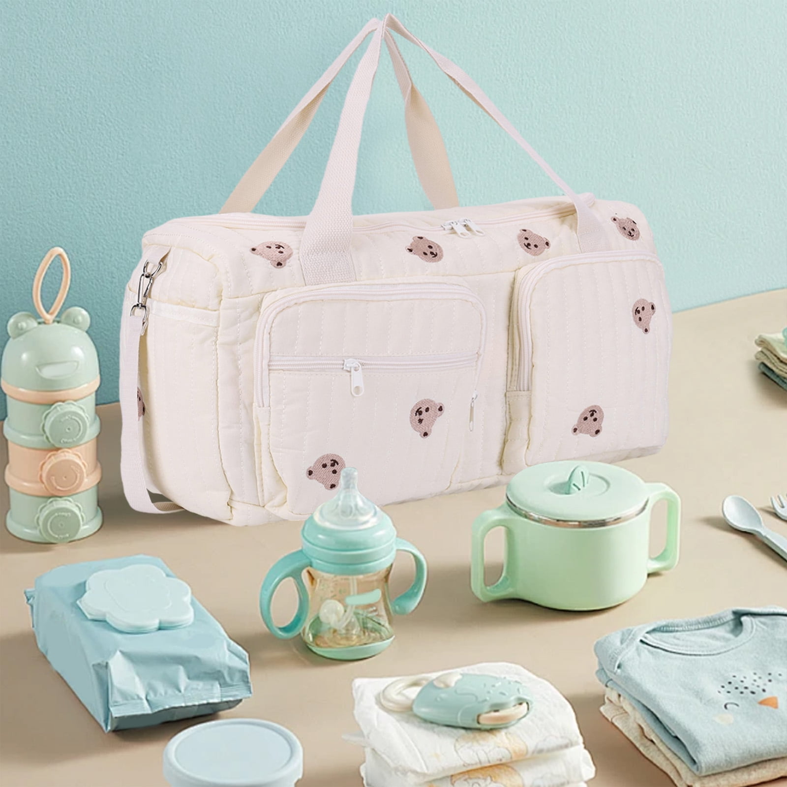 HUISZJ Diaper Bag Tote, Multi-Pockets Duffle Bag, Large Quilted Baby Diaper Bag for Mom Dad, Bears Print