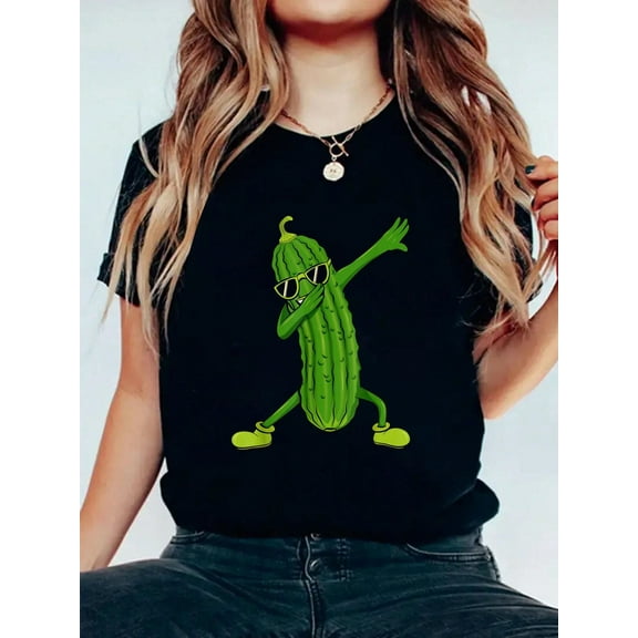 Dabbing Pickle Dancing Cucumber Lover Funny Gifts T-Shirt Print Cotton T-Shirt For Summer, Women's Soft Short Sleeve Top, Stylish Comfy Tee For Women Graphic Tees