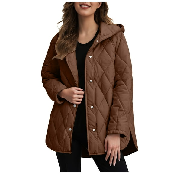 felwors Long Jackets for Women Fashion 2025 Winter Coat for Women Business Casual Diamond Quilted Hooded Lightweight Jackets Brown, M