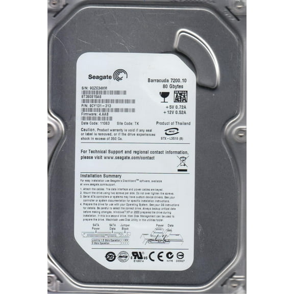 ST380815AS, 9QZ, TK, PN 9CY131-313, FW 4.AAB, Seagate 80GB SATA 3.5 Hard Drive