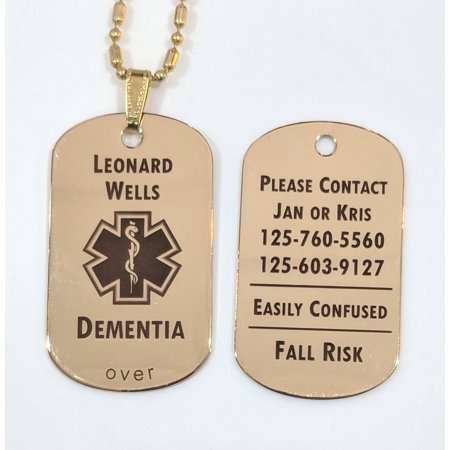 Engraved Oval Tag Pendant Custom Engraved Alzheimer's Dementia ID Tag Pendant Necklace in Gold - free personalization ()