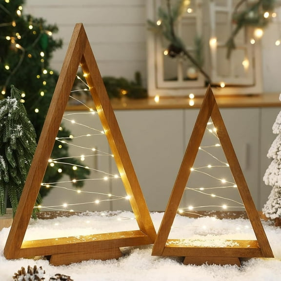 Set of 2 Light Up Wooden Christmas Tree Tabletop Christmas Tree with Light for Farmhouse Home Kitchen Table Mantle Shelf Party Decor