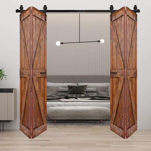 K Style 72 in. x 84 in. ( 18in x 84in x 4 Panels) Classic Walnut Finished Solid Wood Bi-Fold Barn Door with Two 3.3ft Hardware Kit -Assembly Needed