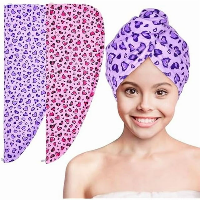 wonima11 Microfiber Hair Towel Wrap for Kids 2 Pack Rapid Drying Hair Towel with Button Hair Turbans for Wet Hair Wraps Head Towel Wrap for Women and Girls
