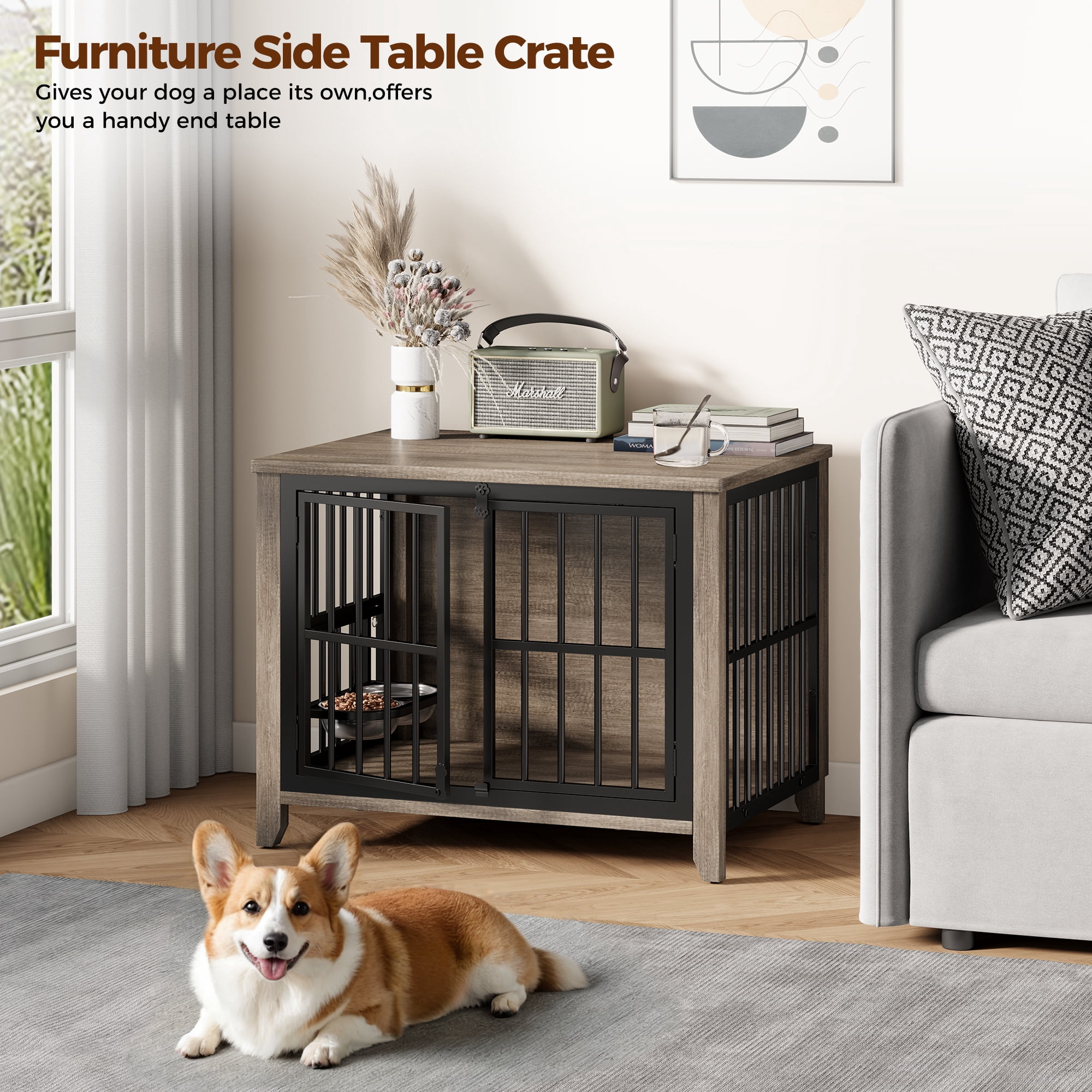 GIKPAL Dog Crate Furniture with 2 Adjustable Bowls, 32" Dog Cage Kennels for Inside with Lockable Doors, Heavy Duty Pet House End Table for Small Medium Dogs, Gray