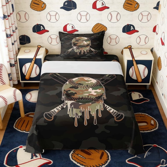 Erosebridal Drip Camo Baseball Twin Sheet Sets, Sport Bedding for Men and Boys, 3 Pieces, 1 Flat Sheet, 1 Fitted Sheet and 1 Pillowcase