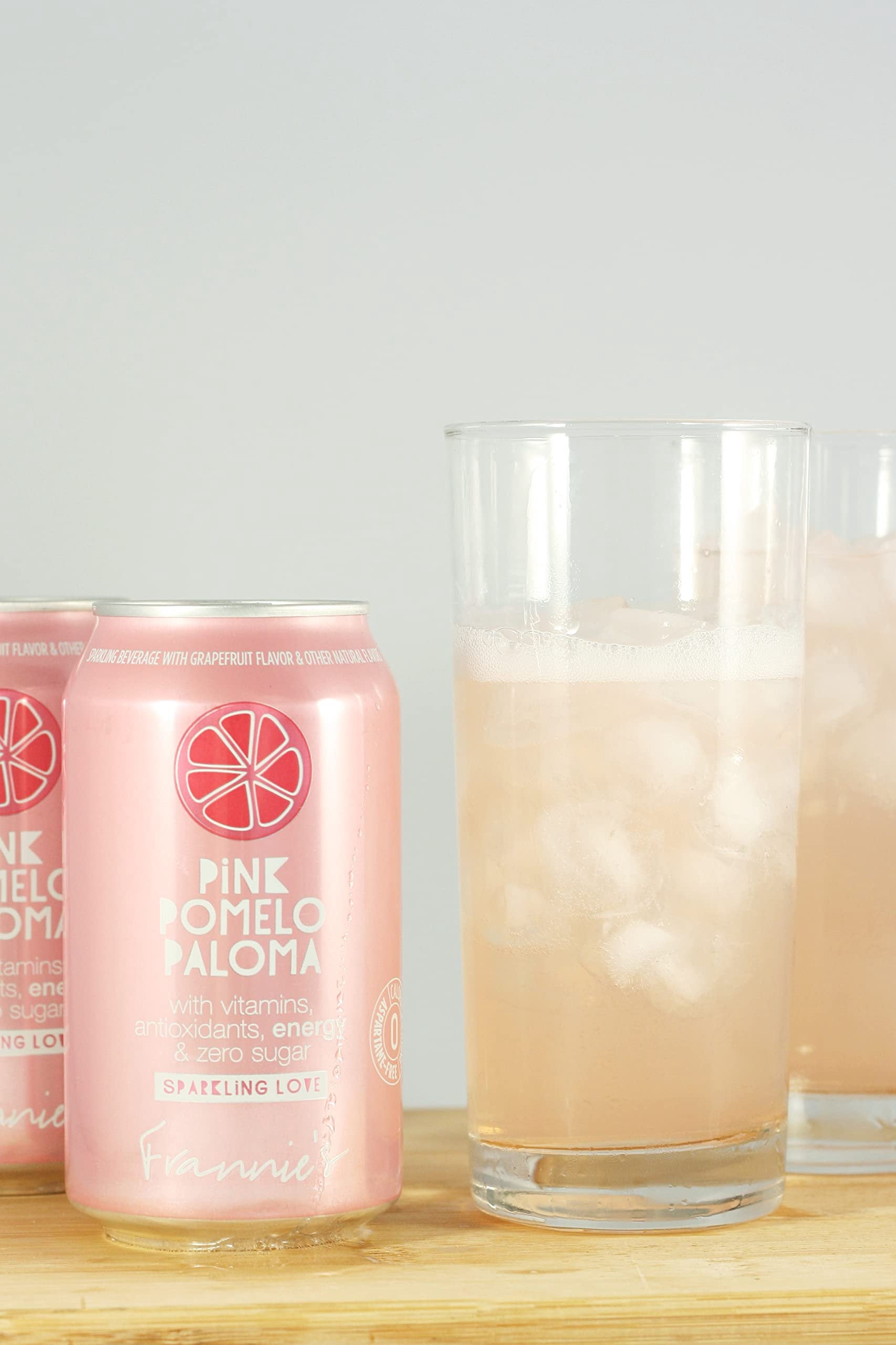 Frannies Sparkling Pink Pomelo Paloma, Protected With High-Density Foam, With Vitamins, Antioxidants, Energy, Zero Aspartame & No Sugar, 12 Oz. Cans Pack of 8 Cans
