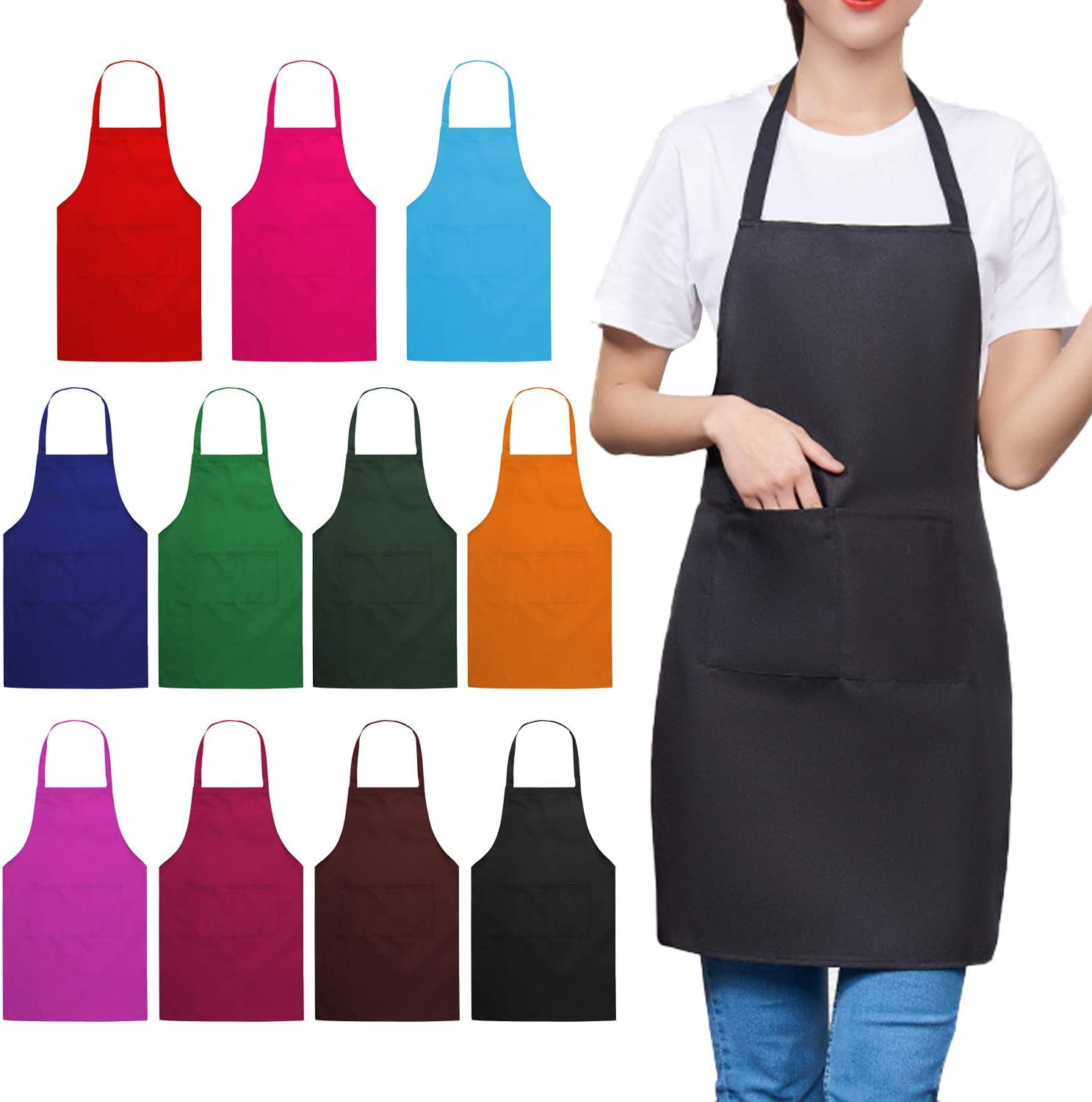 Bib Apron Adult Women Unisex for Waist size 30 to 42 Durable Comfortable with Front Pocket Washable For Cooking Baking Kitchen Restaurant crafting Medium Size Trendbox Total 11 PCS Plain Color