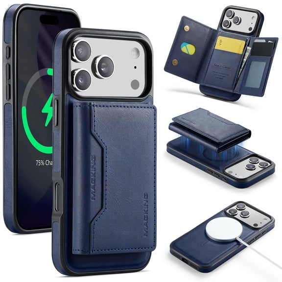 Magnetic Wallet Case for iPhone 17 Pro with Card Holder, Detachable Wireless Charging Faux Leather Kickstand Case with 8 Card Slots, RFID Blocking - (Blue)