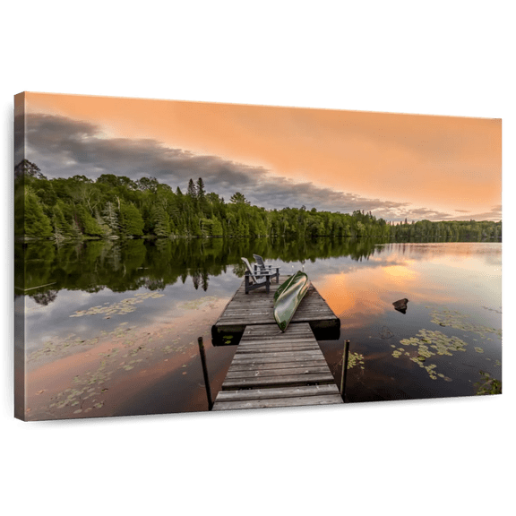 Elephant Stock Lake Ontario Dock At Sunset Wall Art - Horizontal Canvas Wall Art - Living Room Wall Decor - Nature Canvas - Orange And Gray Decor - 12" x 8"