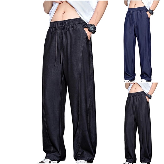 FRSASU Loose Straight Leg Pants for Men Cotton Thin Solid Color Elastic Waist Athletic Casual Pants with Pockets Blue