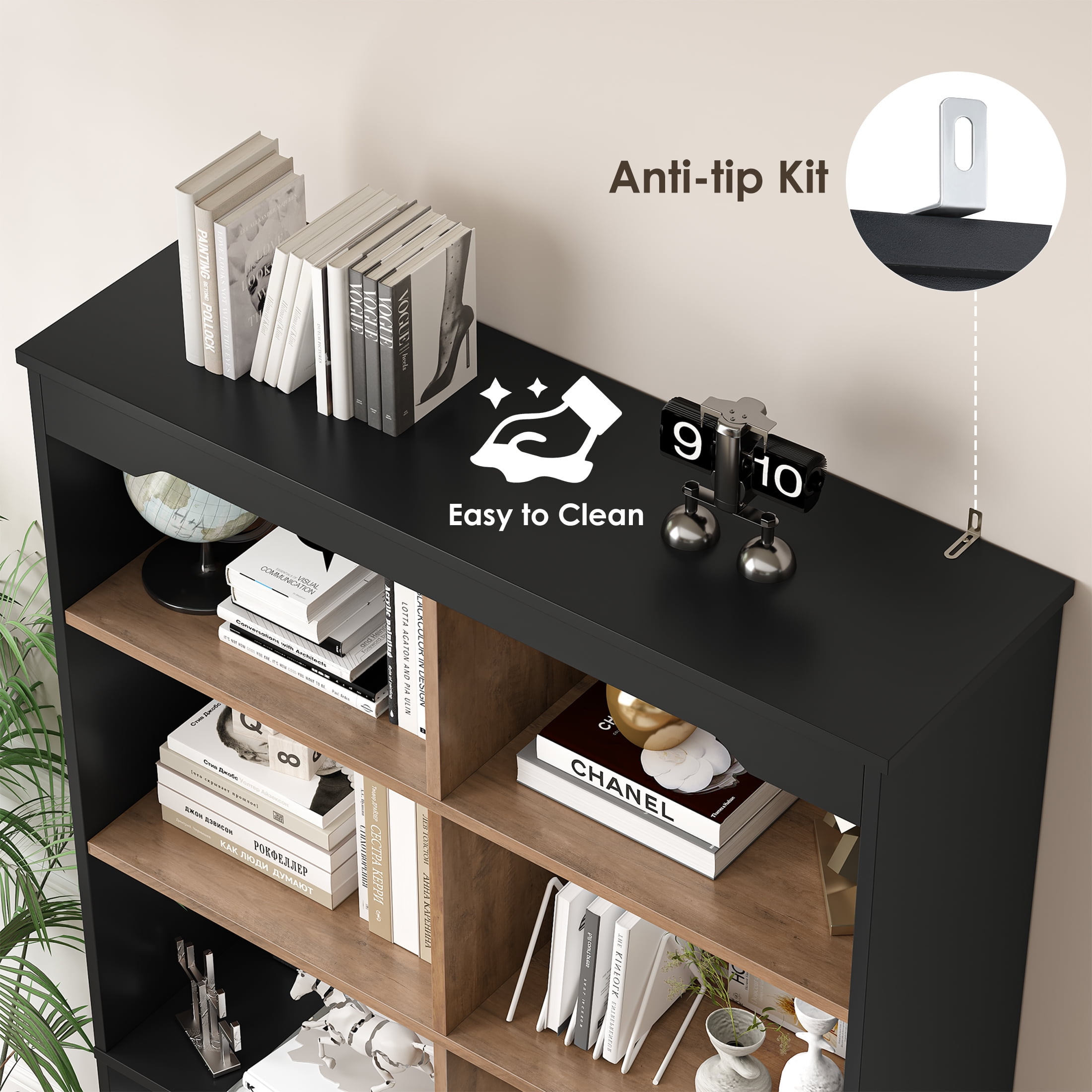 Homfa Double Row 6 Tier Bookcases, 71 in Tall Bookcase Bookshelf with 4 Drawers and 8 Display Cubicles, for Home Office Living Room, Black& Oak