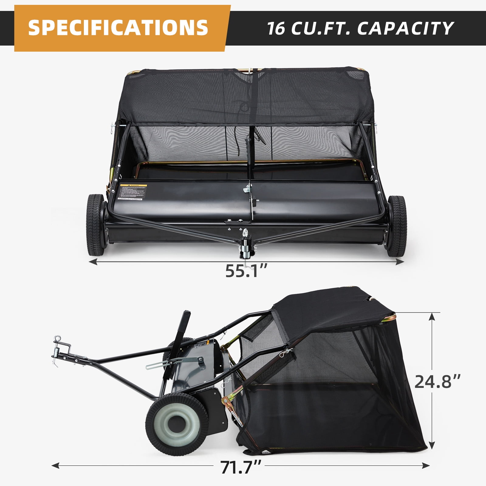 JFHID 48-Inch Tow-Behind Lawn Sweeper with16 Cu.Ft Large Hopper Pull Behind Grass & Leaf Collector for Yard