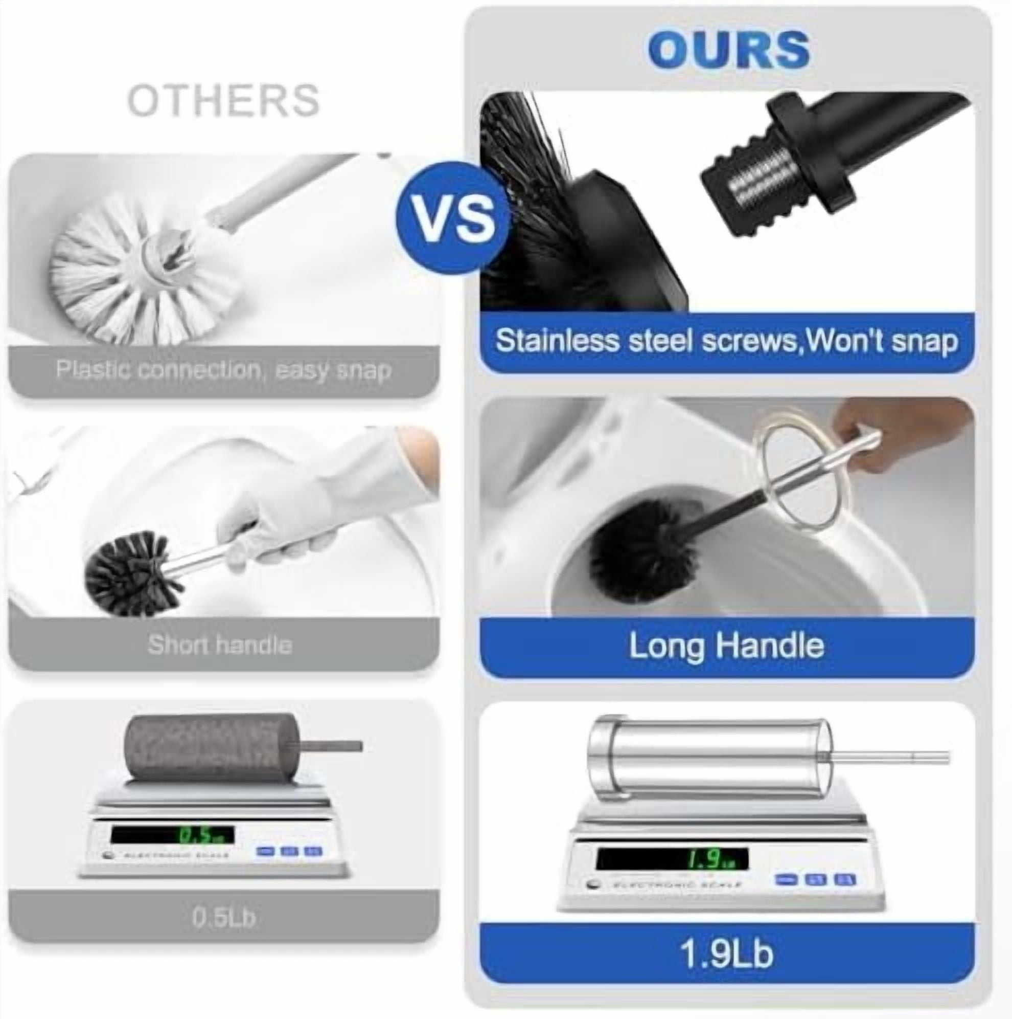 304 Stainless Steel Toilet Brush and Holder Set, Heavy Duty Toilet Bowl Brush and Holder with Removable Inner Bowl, Splash Protection, Long Handle for Bathroom
