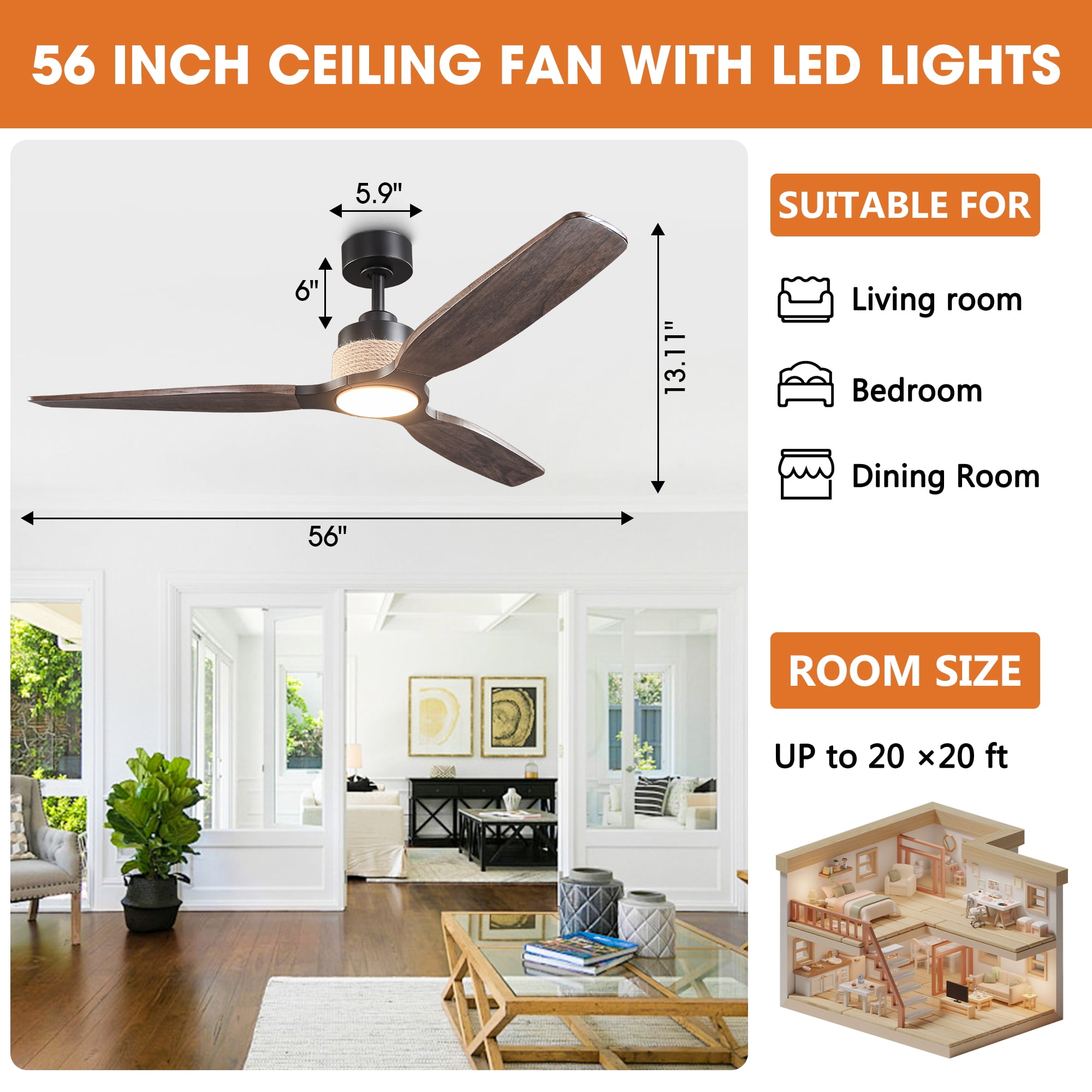 Parrot Uncle 56" Farmhouse Brown Solid Wood Dimmable LED Ceiling Fan with Light and Remote Control, Living Room Ceiling Fan
