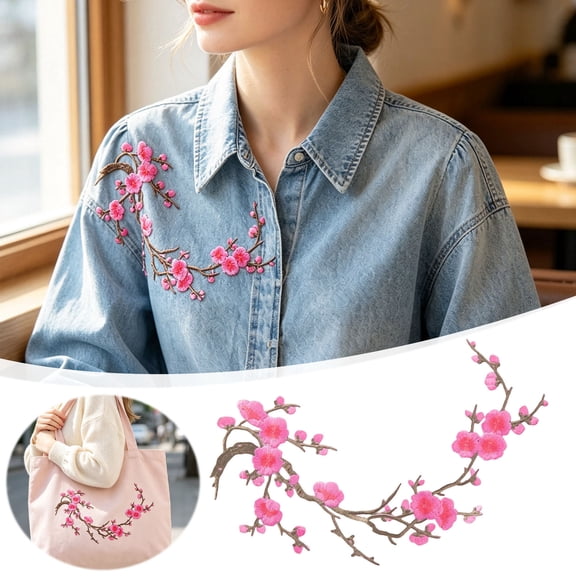 Cherry Blossom Iron On Patches, Floral Embroidery Applique Sew On Patch, DIY Decorative Trims for Jeans Jacket Backpack, Clothing Repair Accessories