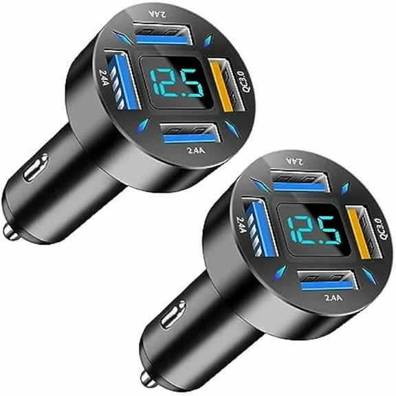 Quyaojz 4 Ports USB Car Charger, 66W Super Fast Charging with QC 3.0, PD 20W and USB 2.4A Charger Adapter, Quick Charge with LED Voltmeter, Auto Cigarette Lighter Plug (QC3.0, 2PCS)