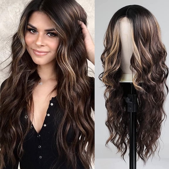 Ombre Long Wavy Wigs for Women Long Curly Synthetic wig Middle Part Natural Looking Heat Resistant Fiber Wigs Hair Replacement Cosplay Wigs for Girls A8