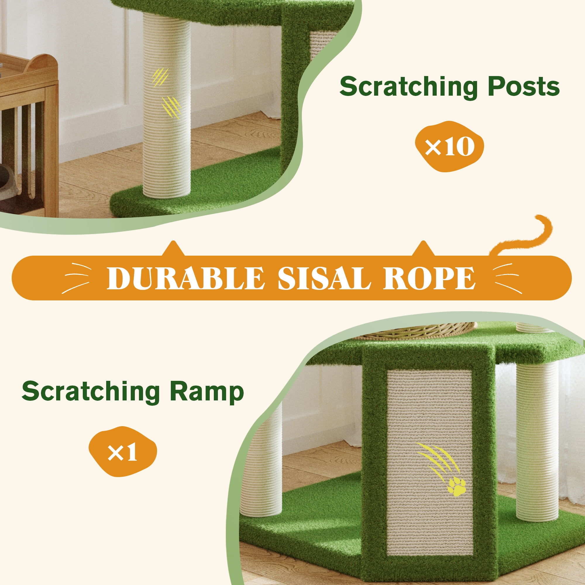 Amolife 57"Large Cat Tree Tower with Teddy Fleece Rattan Condo, Scratching Ramp and Posts for Indoor Cats and Kittens, Green