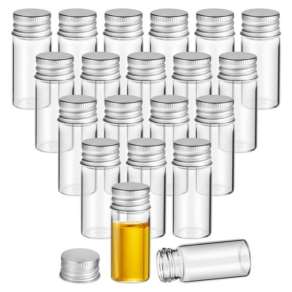 20pcs Mini Glass Bottles Clear Sample Bottles Aluminium Top Dispenser Bottles Small Empty Lidded Glass Bottles Mini Vials 10ml