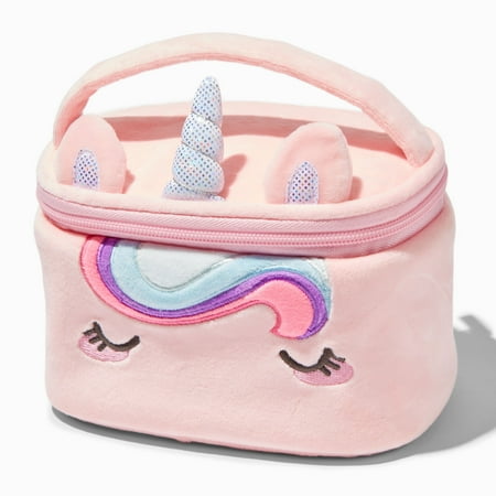 Claire's Club Little Girls Faux Fur Pink Unicorn Makeup or Accessory Case, Zipper Closure