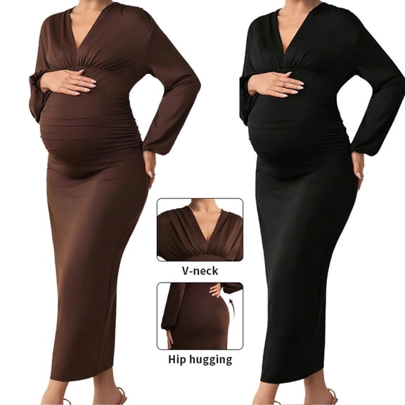 Stamzod Maternity Dress for Photoshoot V Neck Long Sleeve Bodycon Cocktail Dress Pregnancy Wedding Guest Dresses for Women Black B XL