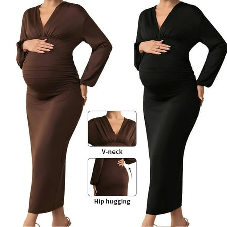 Stamzod Maternity Dress for Photoshoot V Neck Long Sleeve Bodycon Cocktail Dress Pregnancy Wedding Guest Dresses for Women Black B S