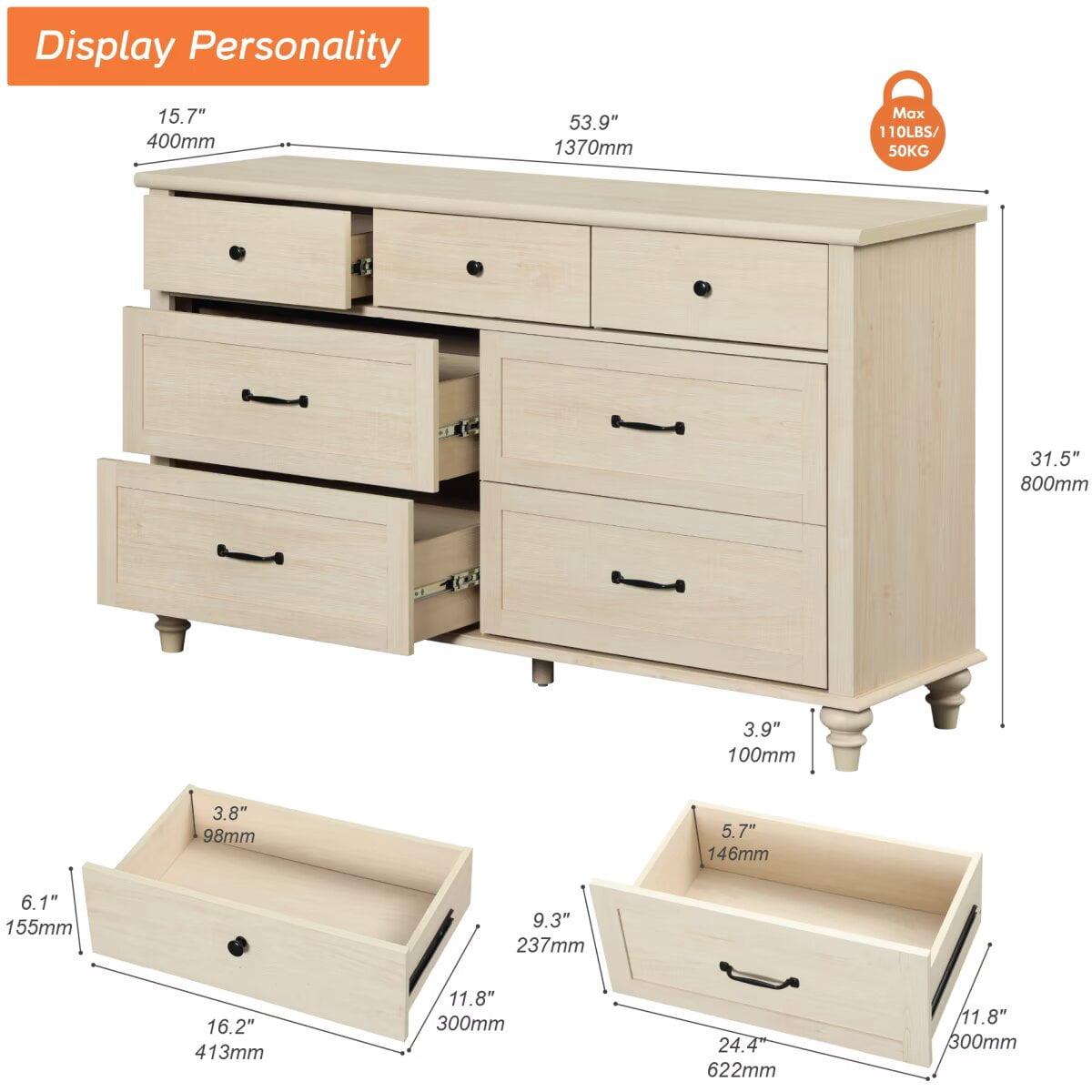 Farmhouse Dresser with 7 Drawers, Wooden Kids Dresser for Kids Room Living Room, Light Oak