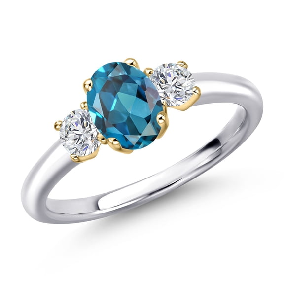 Gem Stone King 925 Silver and 10K Yellow Gold London Blue Topaz and Lab Grown Diamond Engagement Ring for Women | 1.34 Cttw | Oval 7X5MM | Gemstone November Birthstone | Size 5