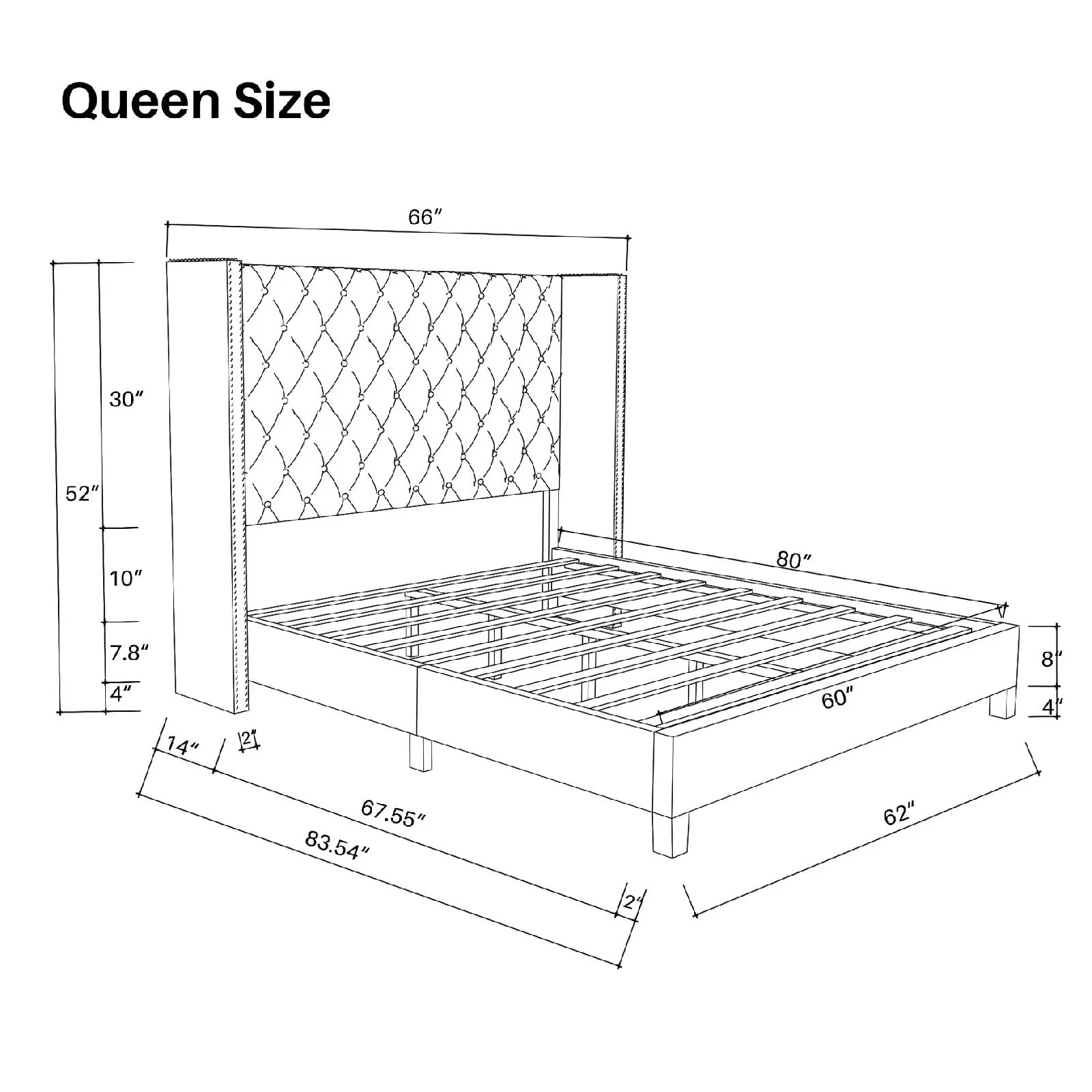 Nathaniel Home, Queen Beds, Upholstered Platform Bed Frame, Low Profile Deep Button Tufting Bed Frames, with Diamond Nailhead Trim Wingback Headboard, Blue