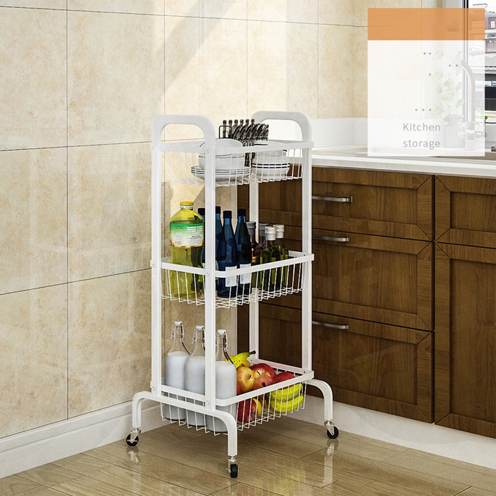 ABCOOL 3-Tier Universal Storage Organizer Rolling Utility Cart Modern Metal White