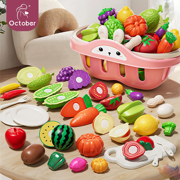 Kids Pretend Cutting Play Food Set with Cute Storage Basket, Detachable Fruits, Vegetables and Toy Knife, Market Pretend Play House Toys, Cooking Grocery Shopping Role Play Toy for Kids Ages 3 and Up