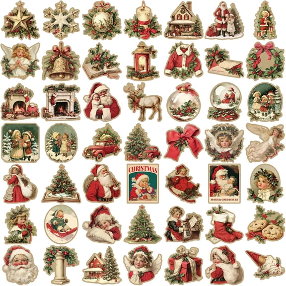 50 Pcs/Set Waterproof Holiday Sticker Retro Christmas Sticker Cartoon Santa Decal Water Bottle Sticker for Kids Girls