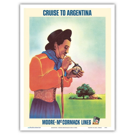 Argentina - Argentinean Gaucho Drinking Mate - Moore-McCormack Lines - Vintage Ocean Liner Travel Poster c.1960s - Master Art Print (Unframed) 9in x 12in