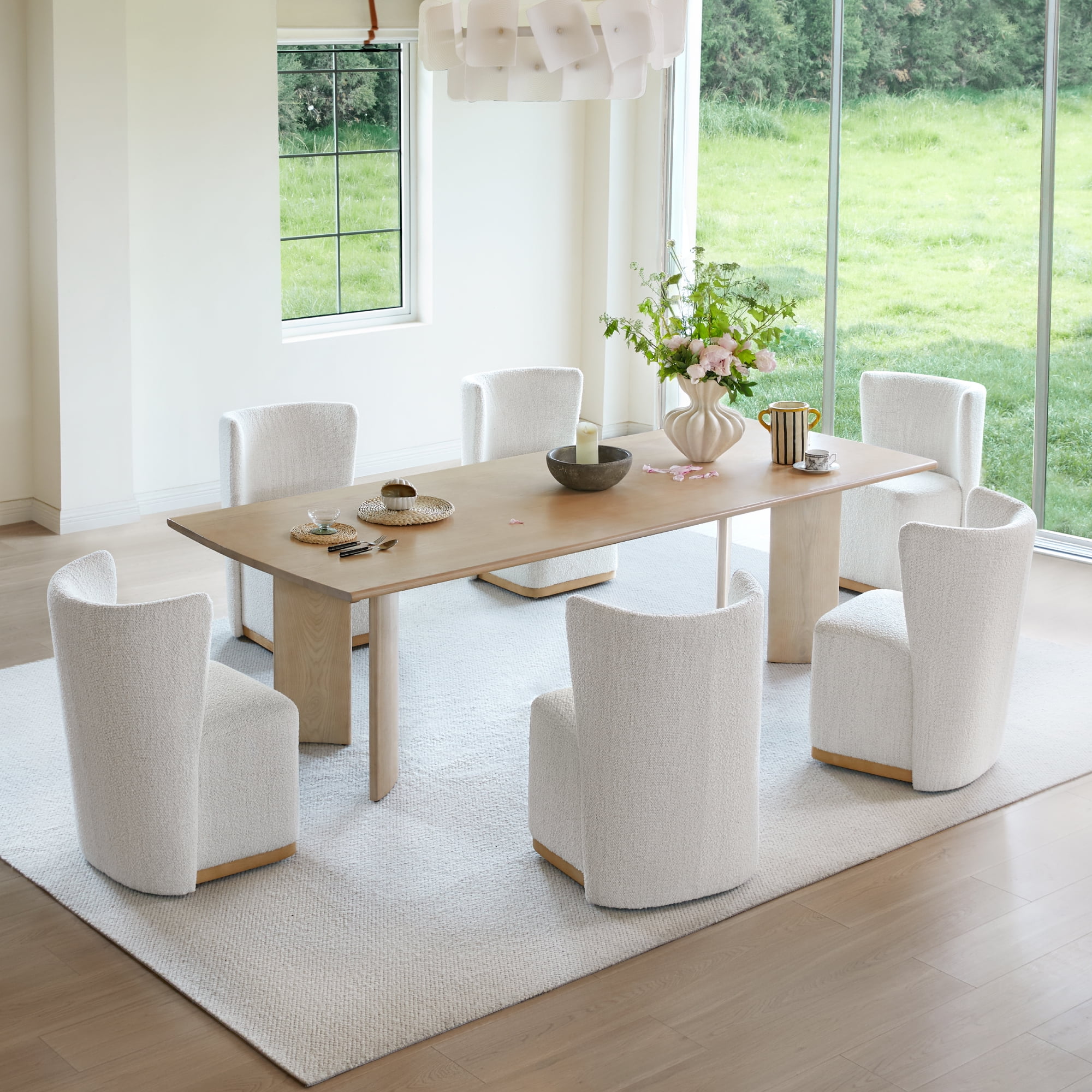 Spruce & Spring Modern Wingback Upholstered Dining Chair with Hidden Casters & Wood Base Set of 2, Pearl White