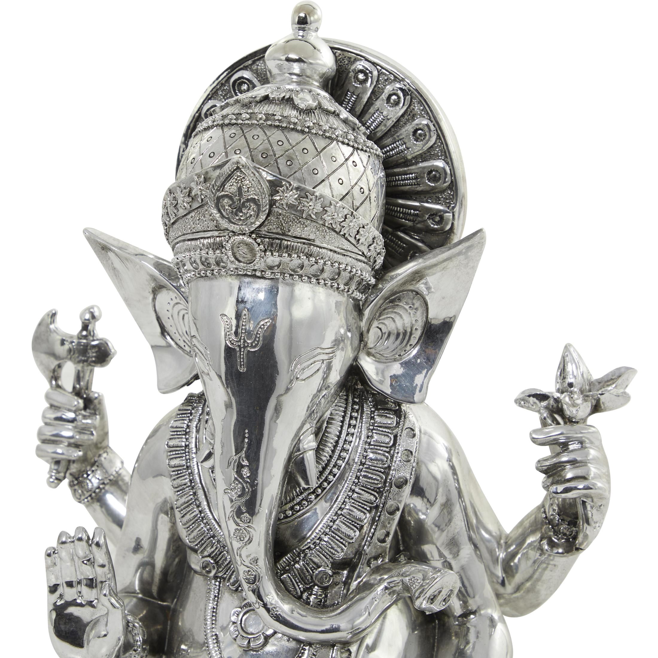 12" x 16" Silver Polystone Meditating Ganesh Sculpture with Engraved Carvings, by DecMode