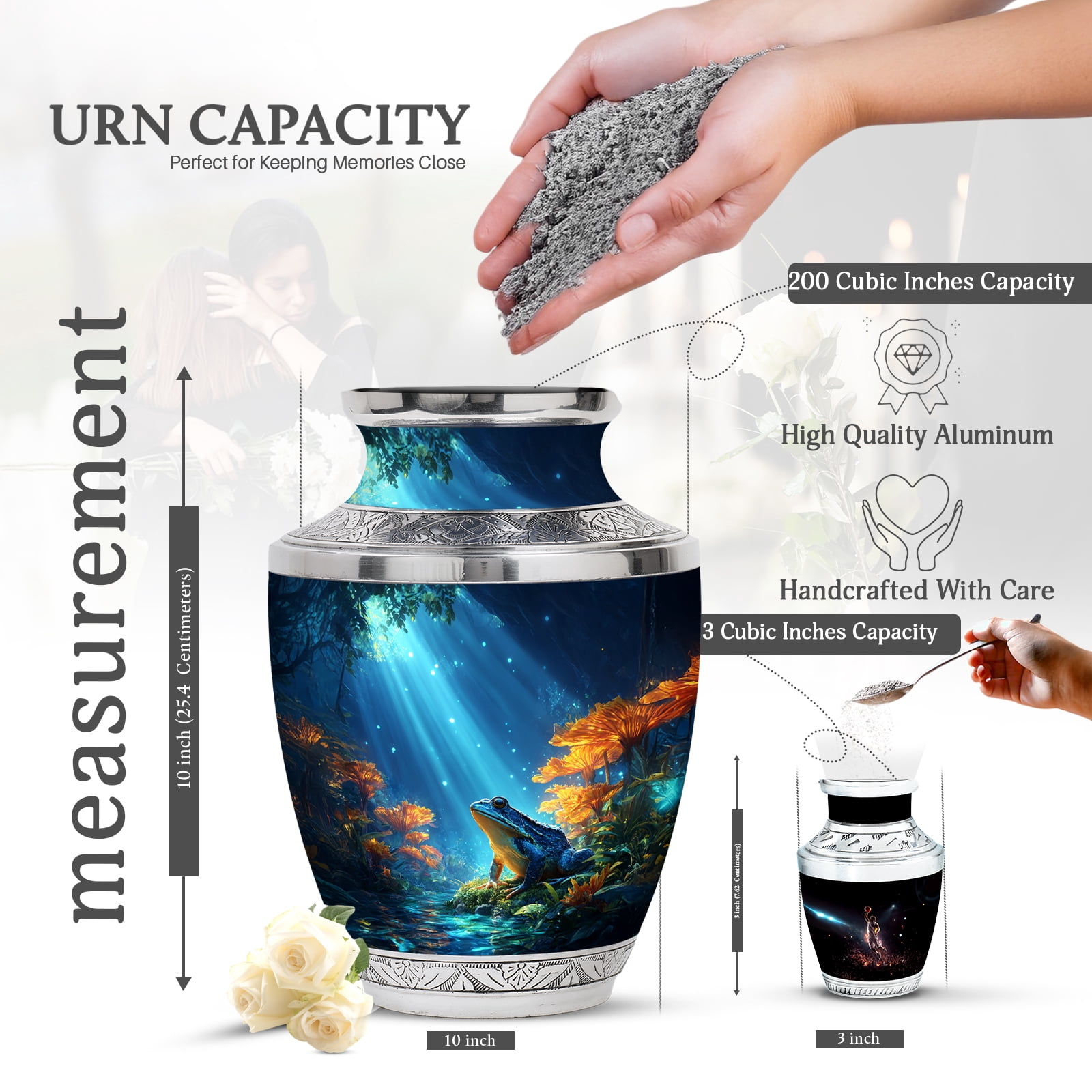 KARYLIZ Frogs Cremation Urn for Ashes Mom & Dad - Blue Urn for Adult Ashes Male & Female - 10 Inch - Sun Rays Large Funeral Decorative Urns For Brother & Sister - Memorial Urns for Women & Men