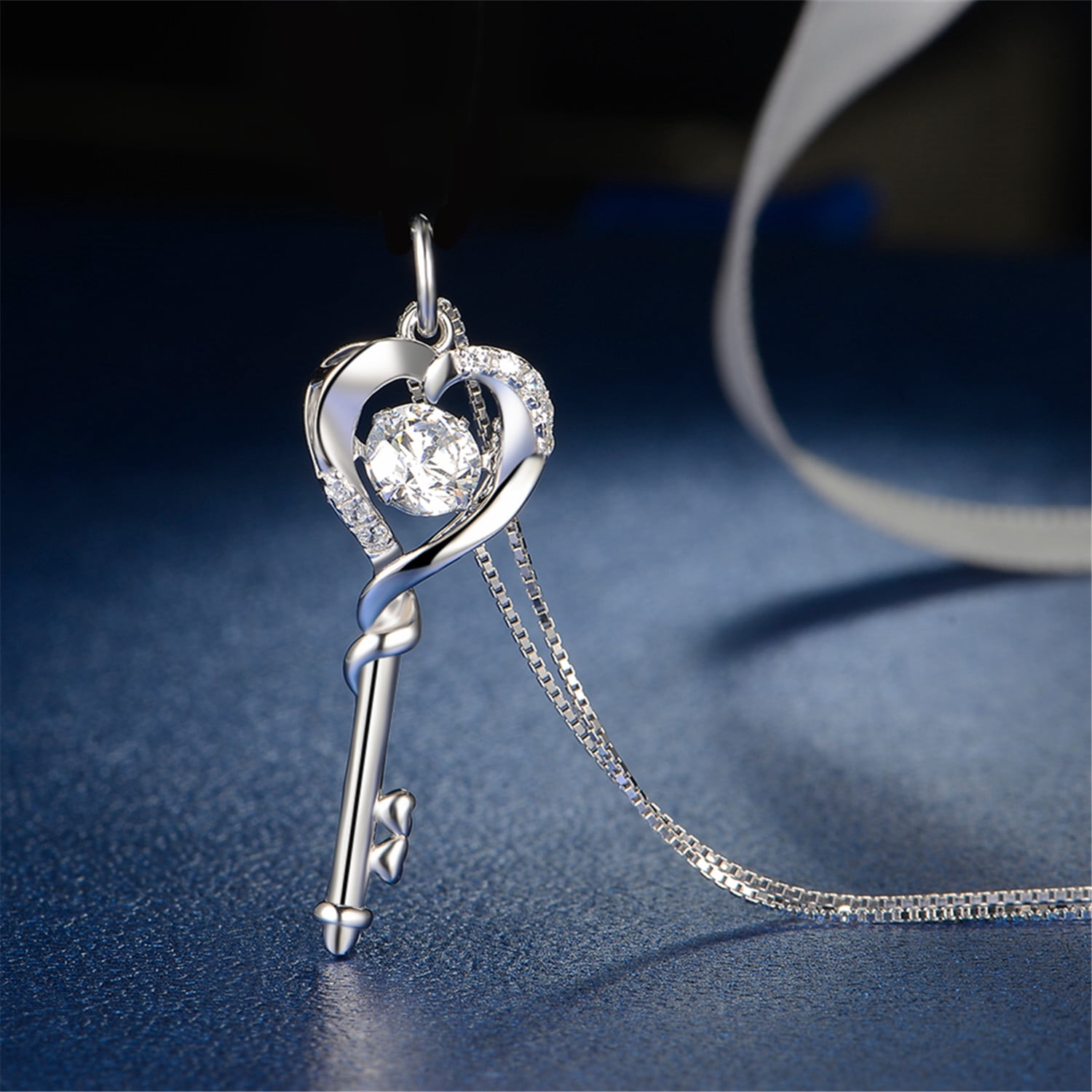 MABELLA Dancing Diamond Key to Heart Sterling Silver Key CZ Pendant Necklace, 18"