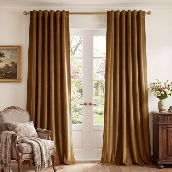 Velvet Curtains 84 inches - Gold Brown Blackout Thermal Insulated Window Drapes for Living Room, Back Tab Luxury Home Decor Curtains for Bedroom Sliding Door, W52 x L84, 2 Panels